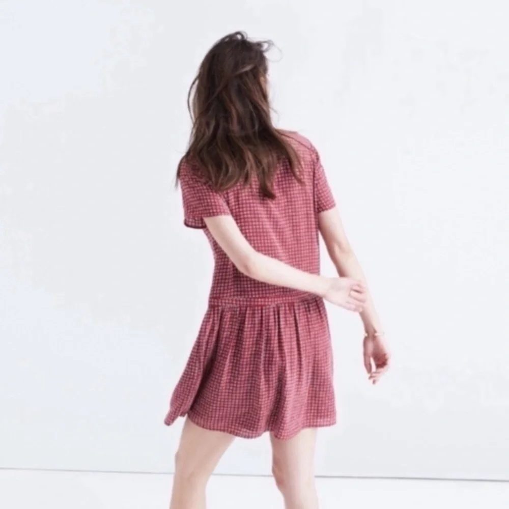 Madewell Silk Red Checked Short Sleeve Drop Waist Dress size 4 - Picture 6 of 7